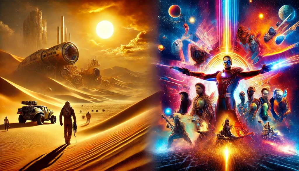 DALL·E 2024 12 11 21.32.55 A digital collage featuring iconic scenes from Dune Part 2 and The Marvels highlighting their contrasting visual styles. On one side an epic de