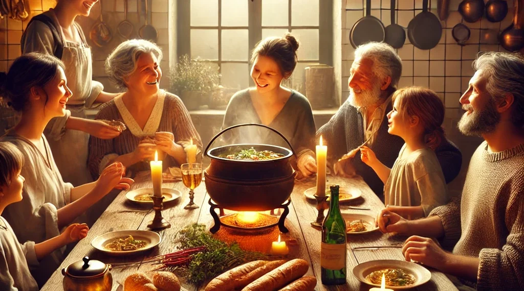 DALL·E 2024 12 11 21.35.23 A warm and intimate scene depicting a family dinner inspired by the iconic moments of Le Pot au feu. A rustic wooden table is set with steaming dish