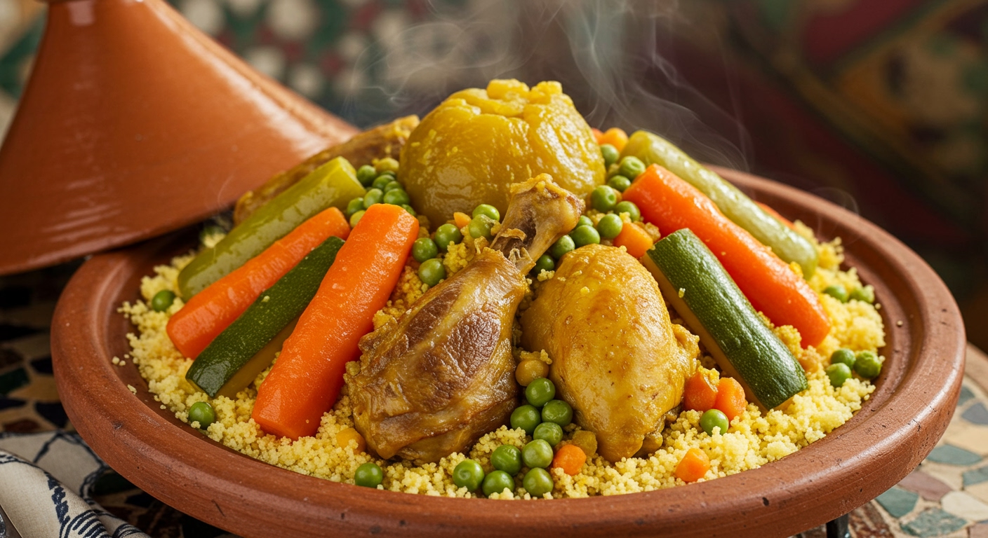 Comment Préparer le Couscous Marocain Parfait: Guide Étape par Étape 7 plat de couscous marocain garni de légumes et de viandes variées