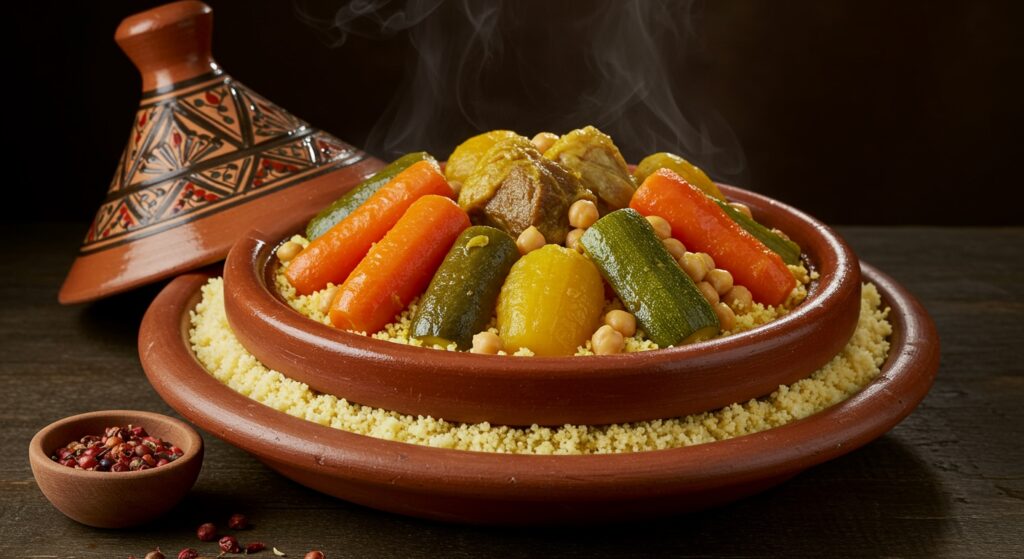 Comment Préparer le Couscous Marocain Parfait: Guide Étape par Étape 3 plat de couscous marocain traditionnel avec légumes et viande