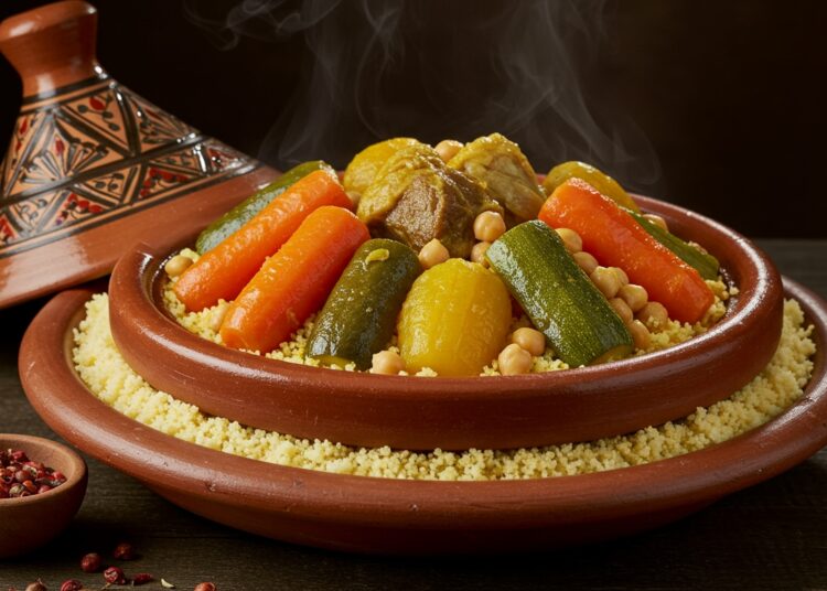 plat de couscous marocain traditionnel avec légumes et viande