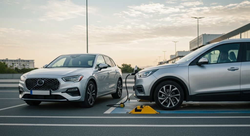Hybride vs. Électrique: Quel Choix pour Votre Prochaine Voiture Écologique? 1 Voiture hybride rechargeable et voiture électrique côte à côte sur une borne de recharge, mobilité verte, avenir automobile, énergies propres
