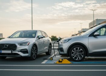 Hybride vs. Électrique: Quel Choix pour Votre Prochaine Voiture Écologique? 8 Voiture hybride rechargeable et voiture électrique côte à côte sur une borne de recharge, mobilité verte, avenir automobile, énergies propres